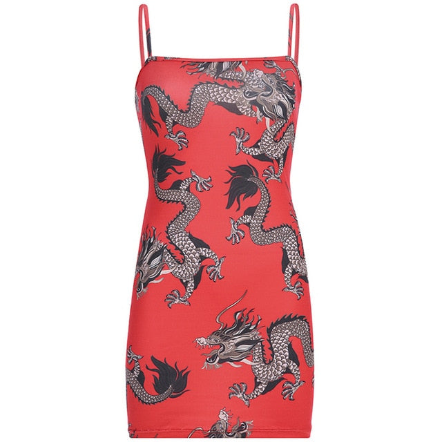 Dragon Print Strap Casual Night-club Mini party Dress